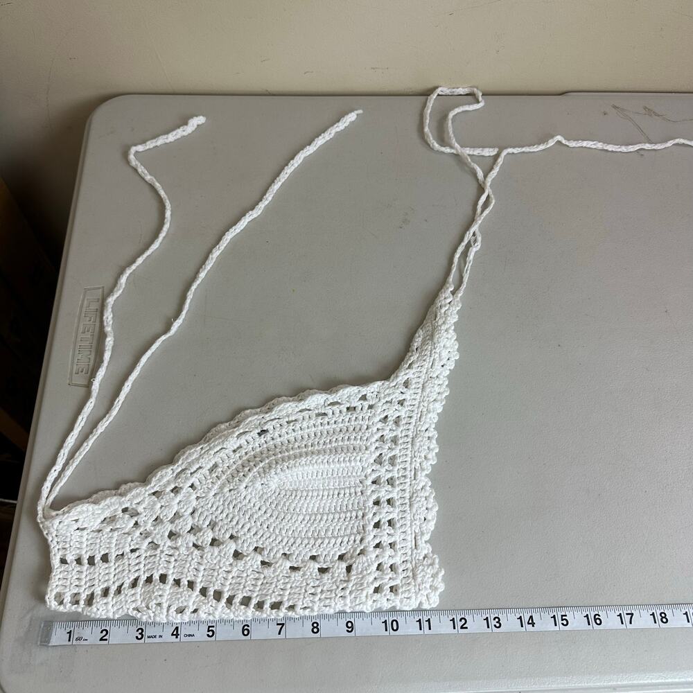 Womens White Crochet Knit Halter Top Boho Tie Back Festival Beach Knit Bralette - Picture 6 of 7